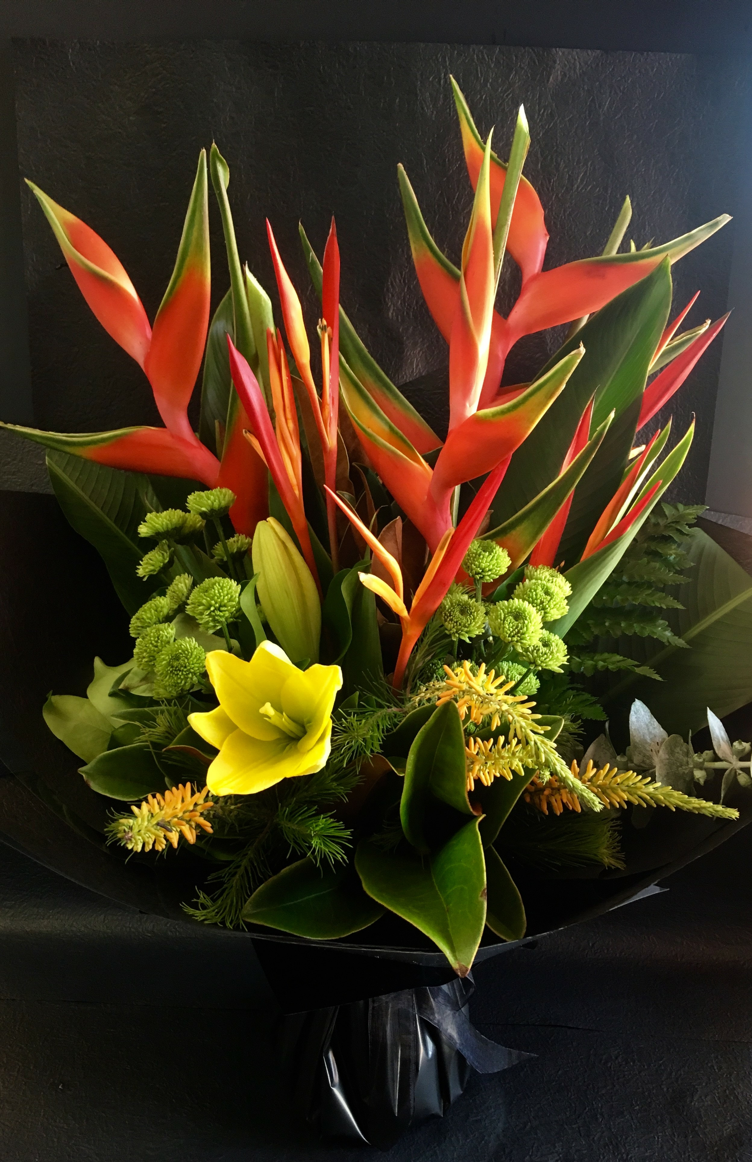 Modern style bouquet with bright colourful flowers. Designed in Kununurra.